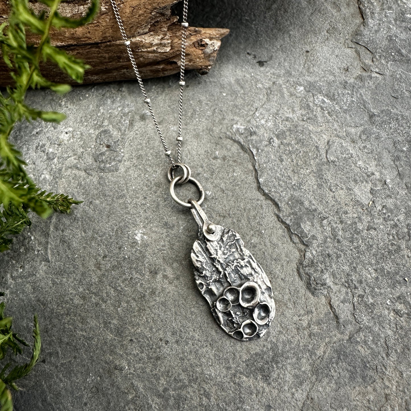 Sterling Silver Cup Lichen on Bark Necklace