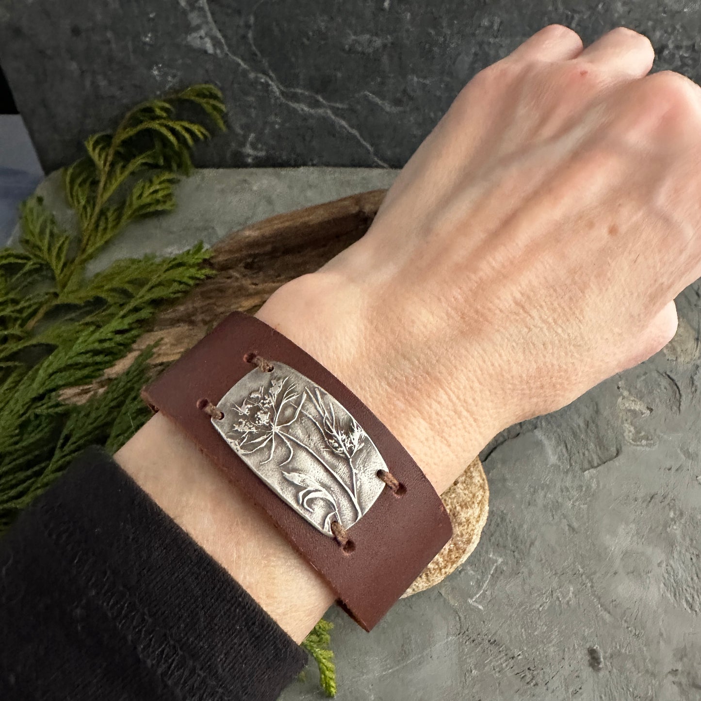Queen Anne’s Lace Floral Leather Cuff Bracelet