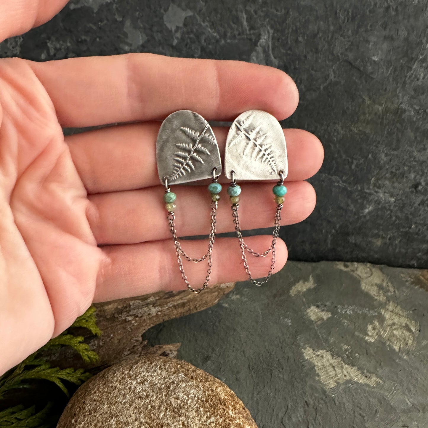 Sterling Silver Fern Shields with Turquoise, Vesuvianite, and Chain Post Earrings
