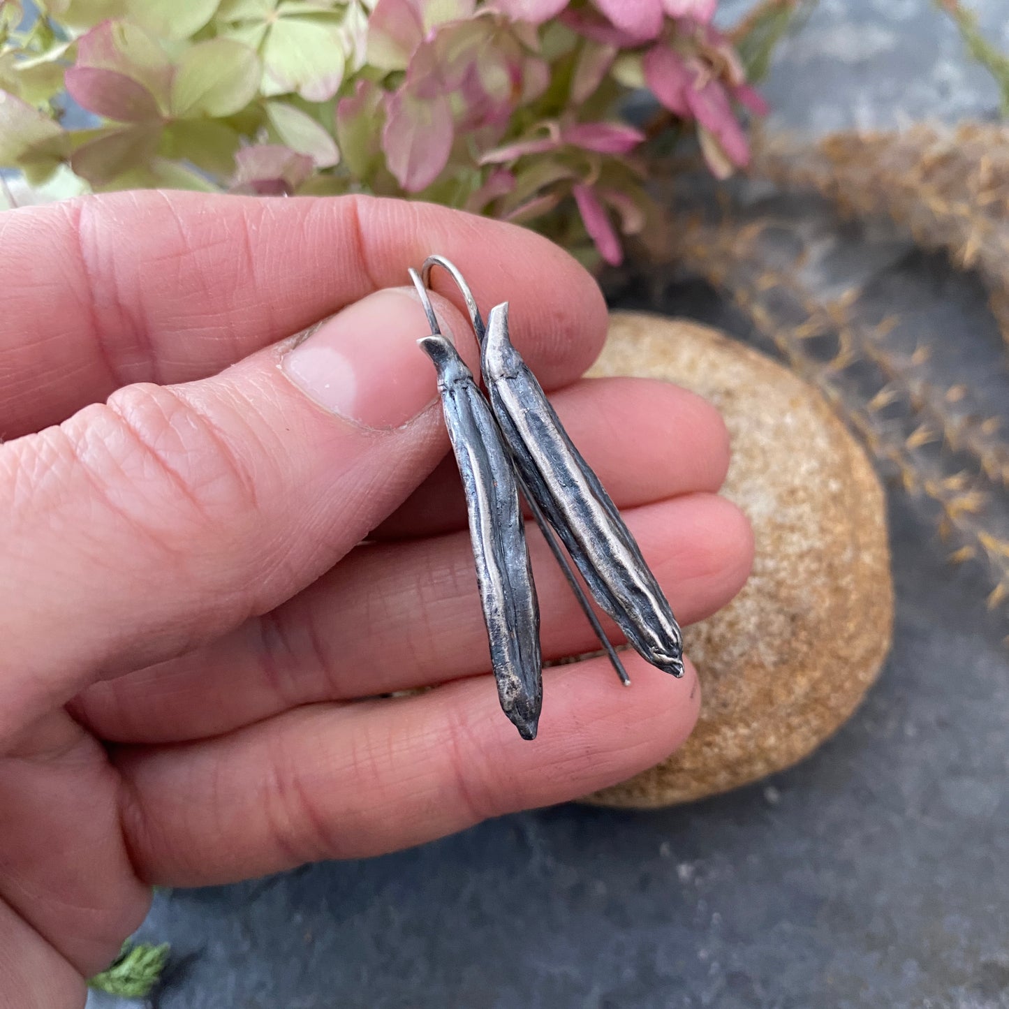 Hosta Seed Pods Recycled Sterling Silver Earrings
