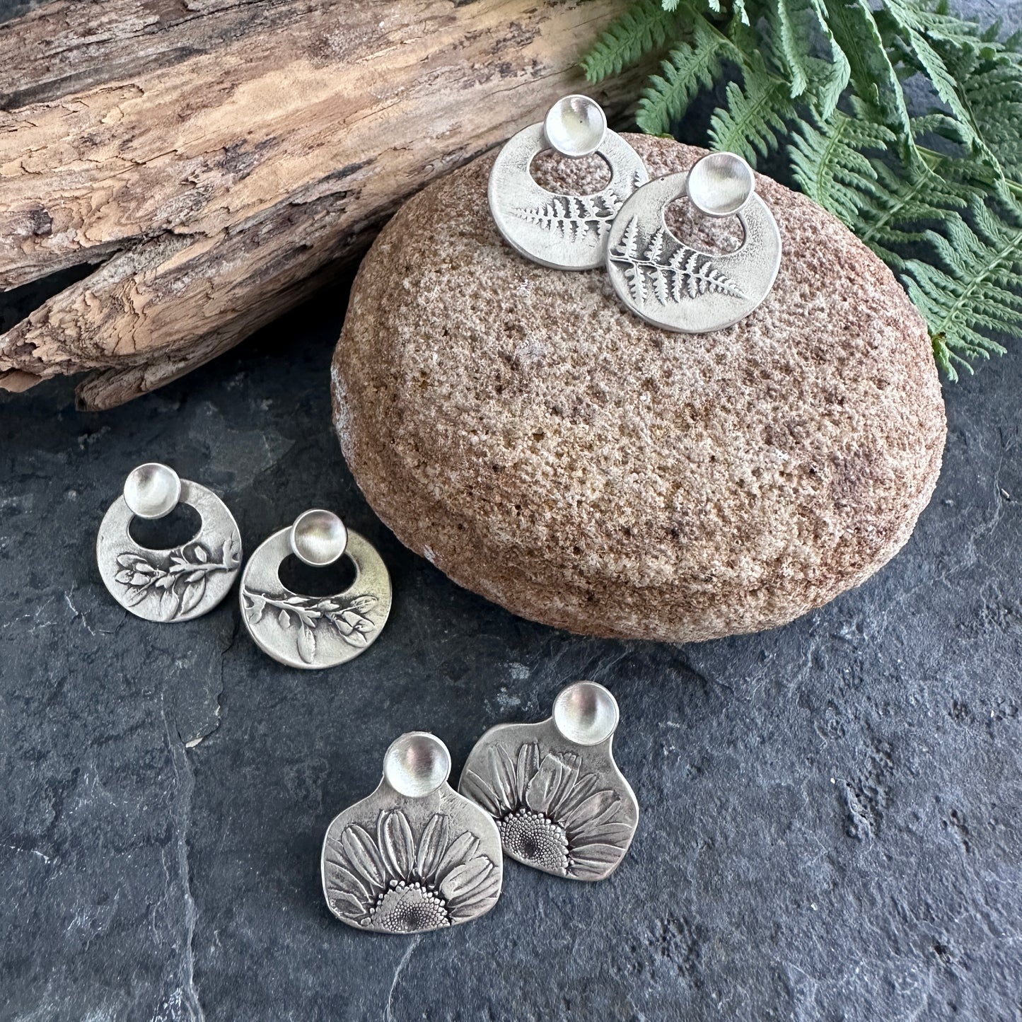 Small Botanical Ear Jacket Earrings with Cup Lichen Studs