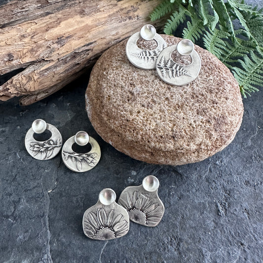 Small Botanical Ear Jacket Earrings with Cup Lichen Studs