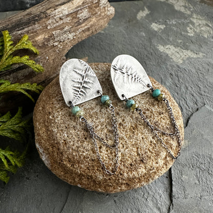 Sterling Silver Fern Shields with Turquoise, Vesuvianite, and Chain Post Earrings