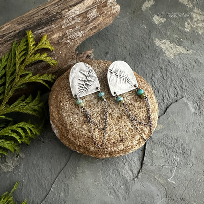 Sterling Silver Fern Shields with Turquoise, Vesuvianite, and Chain Post Earrings