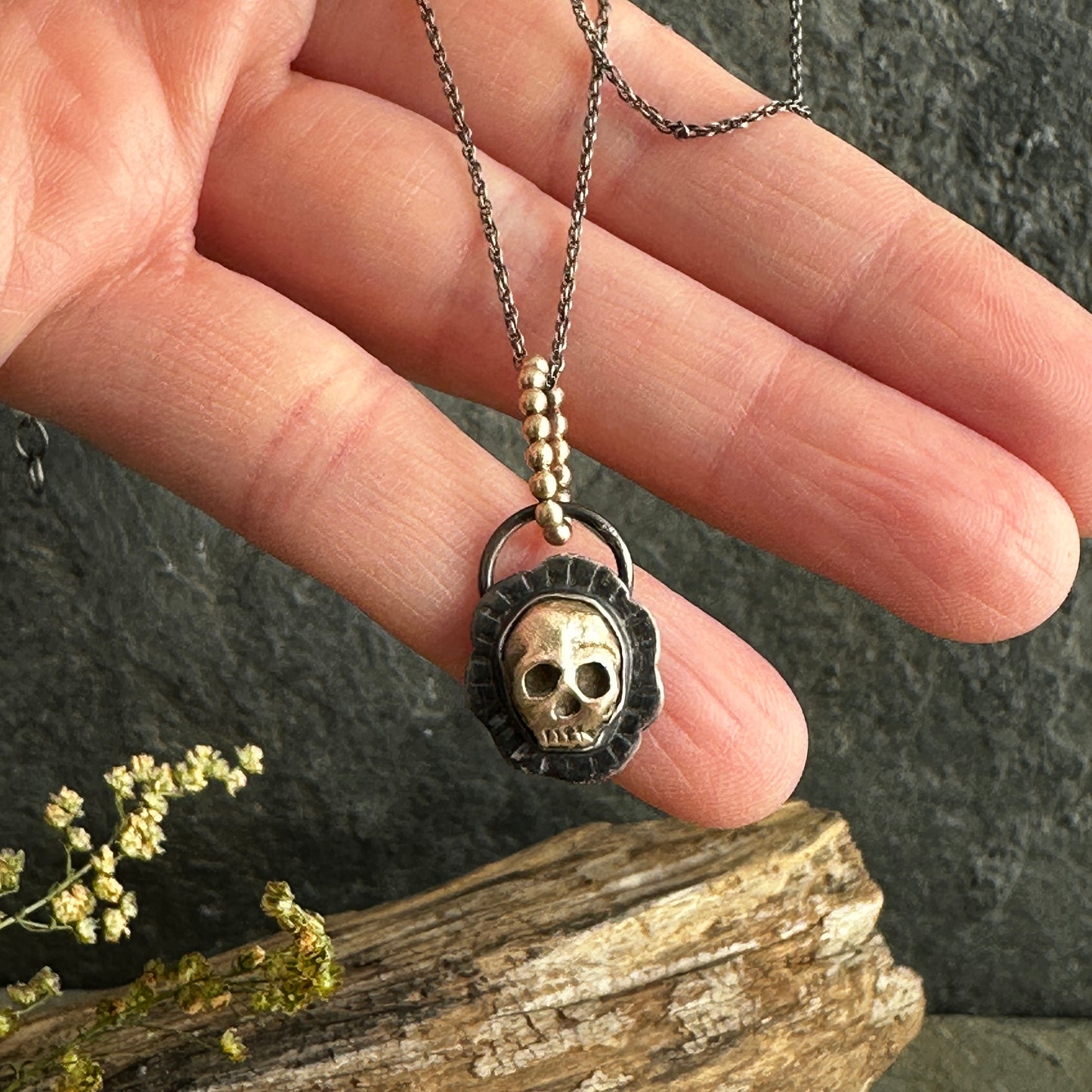 Memento Mori Bronze Skull and Blackened Sterling Silver