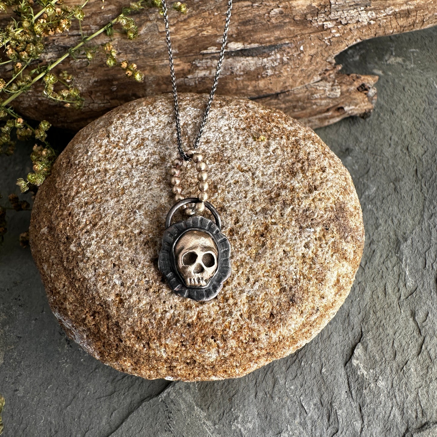 Memento Mori Bronze Skull and Blackened Sterling Silver