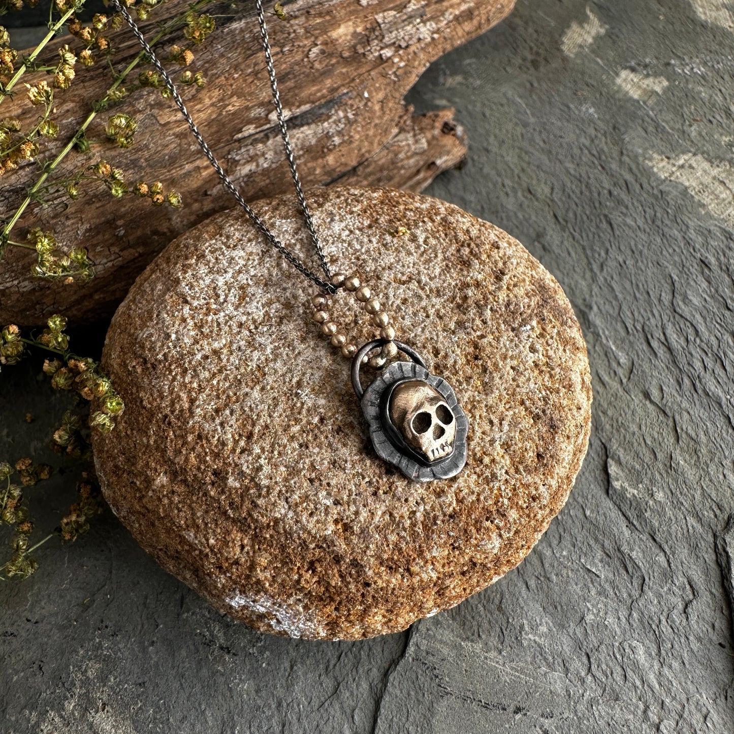 Memento Mori Bronze Skull and Blackened Sterling Silver