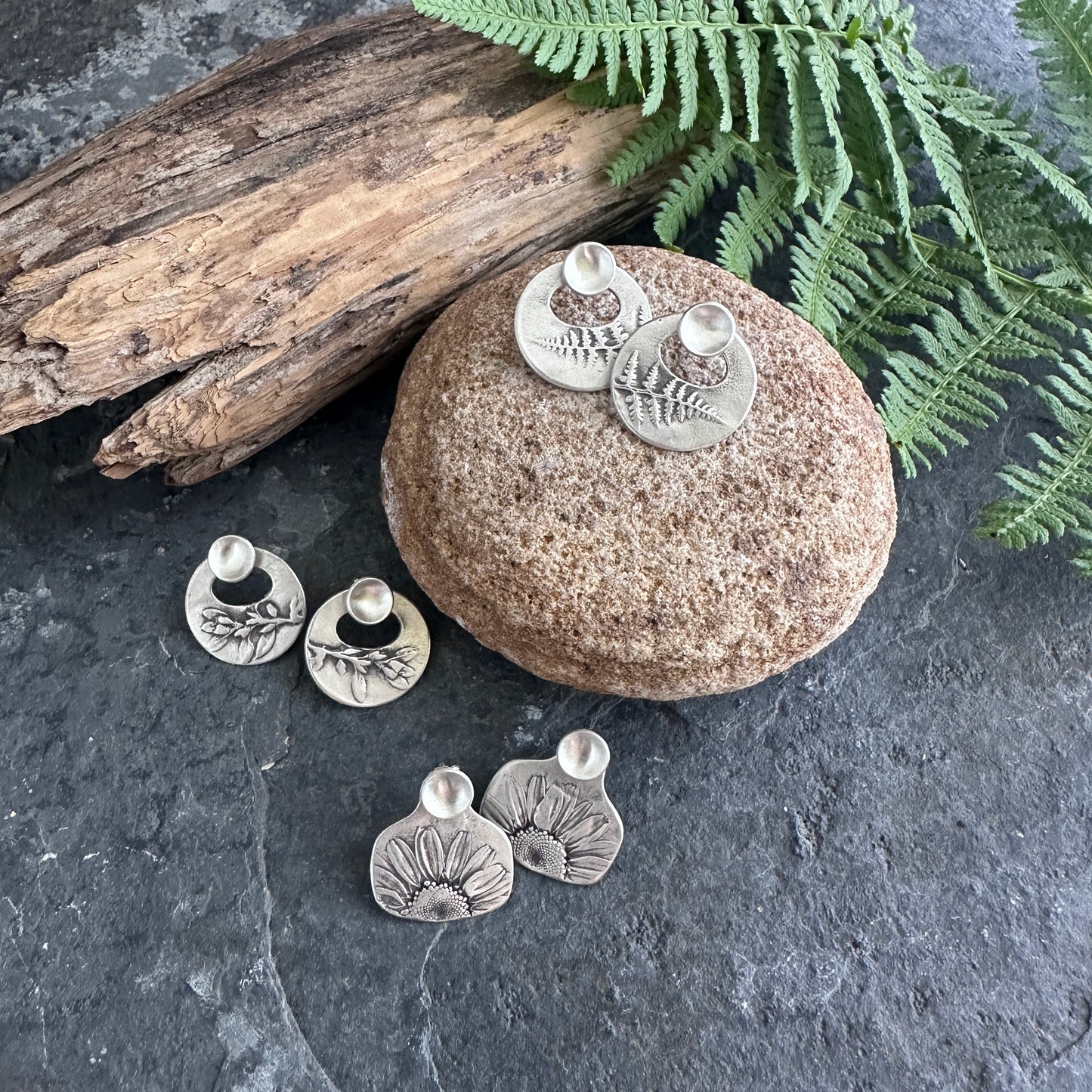 Small Botanical Ear Jacket Earrings with Cup Lichen Studs