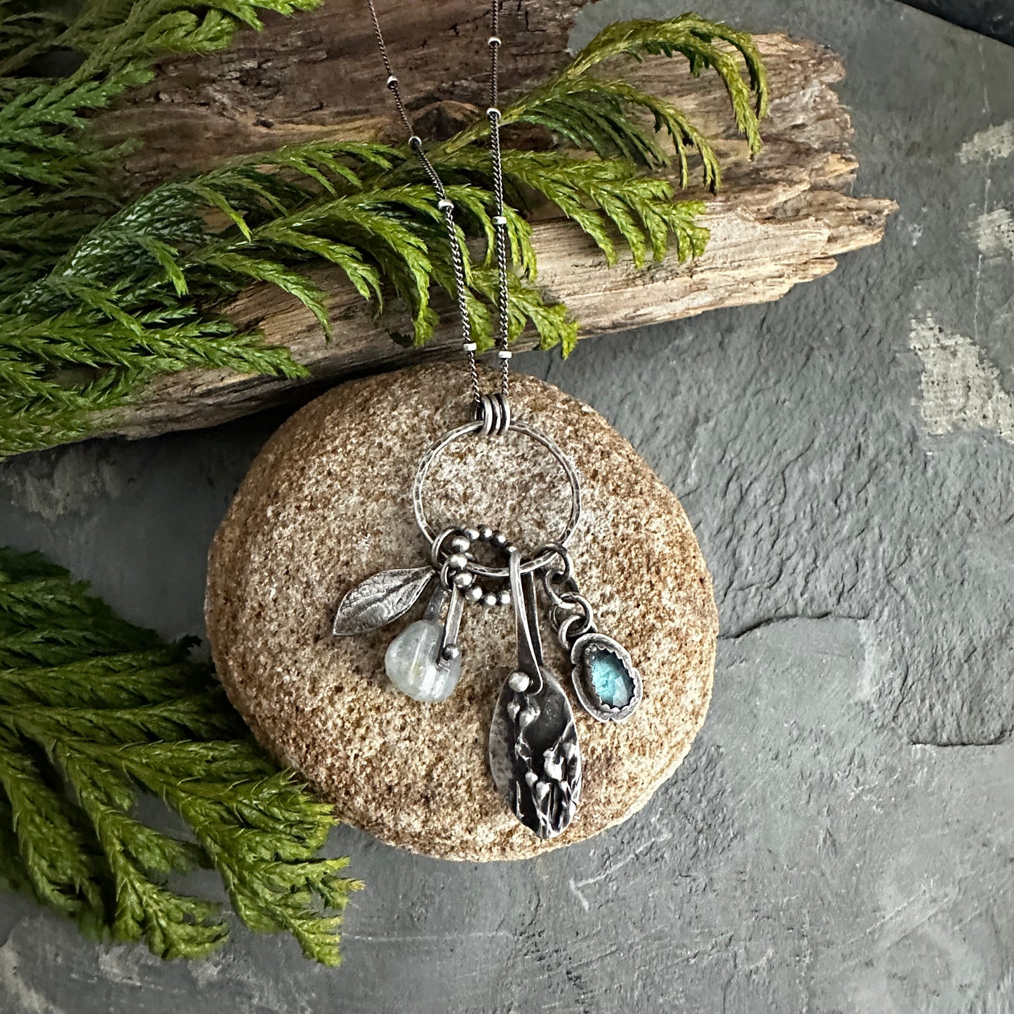 Moss Spores Charm Necklace with Kyanite