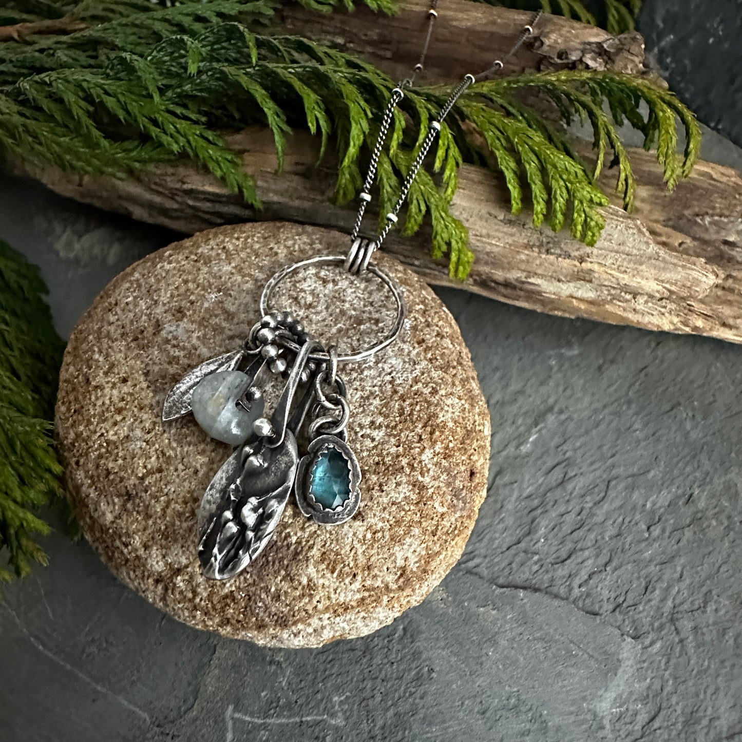 Moss Spores Charm Necklace with Kyanite