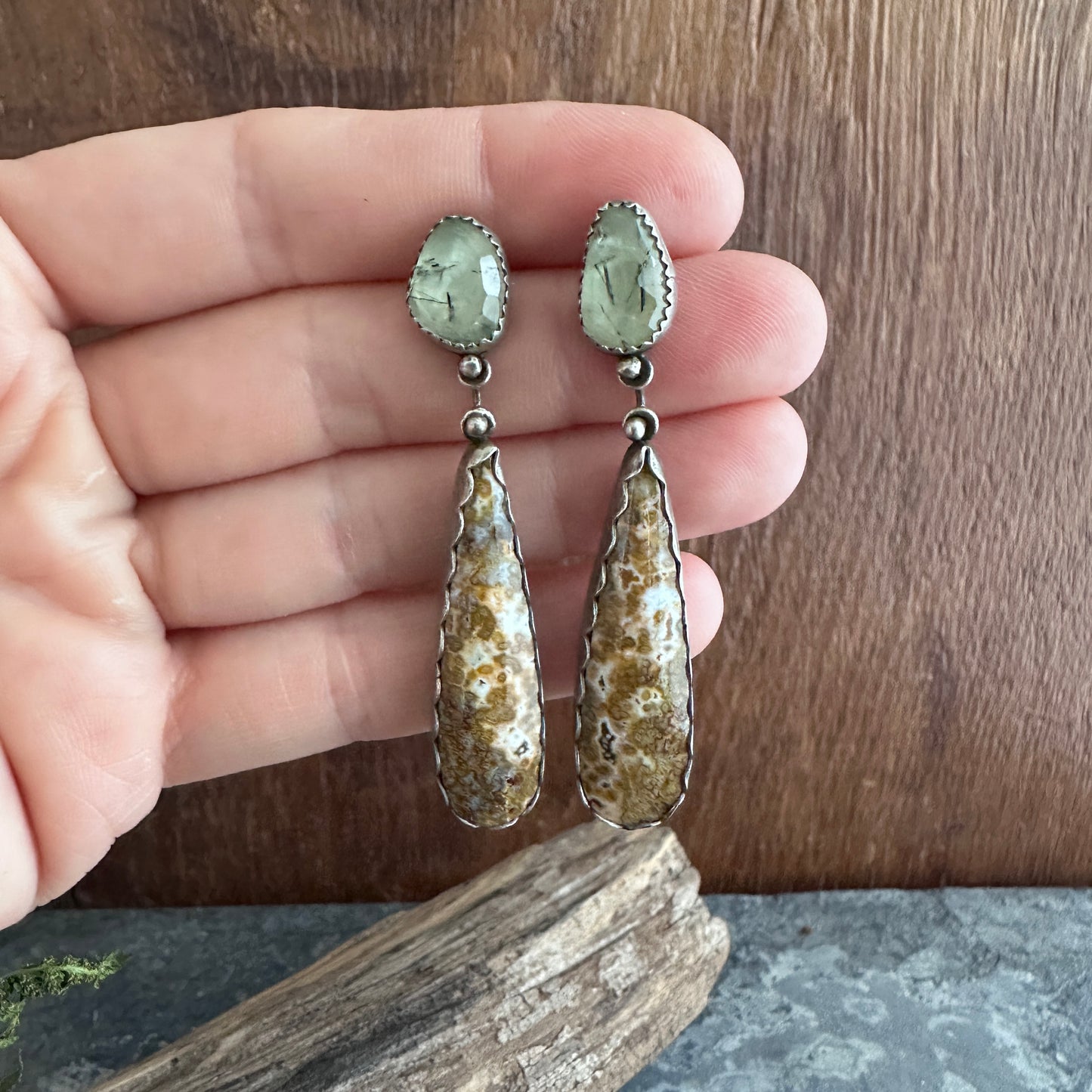 Prehnite & Ocean Jasper Earrings | Sterling Silver Statement Studs