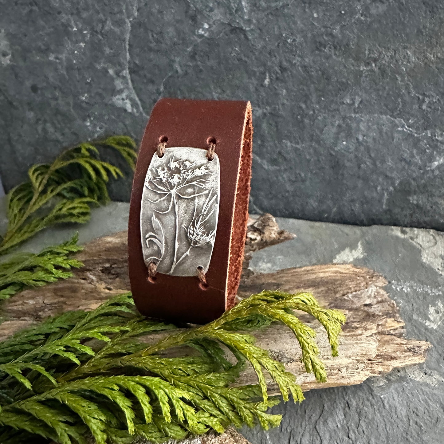 Queen Anne’s Lace Floral Leather Cuff Bracelet