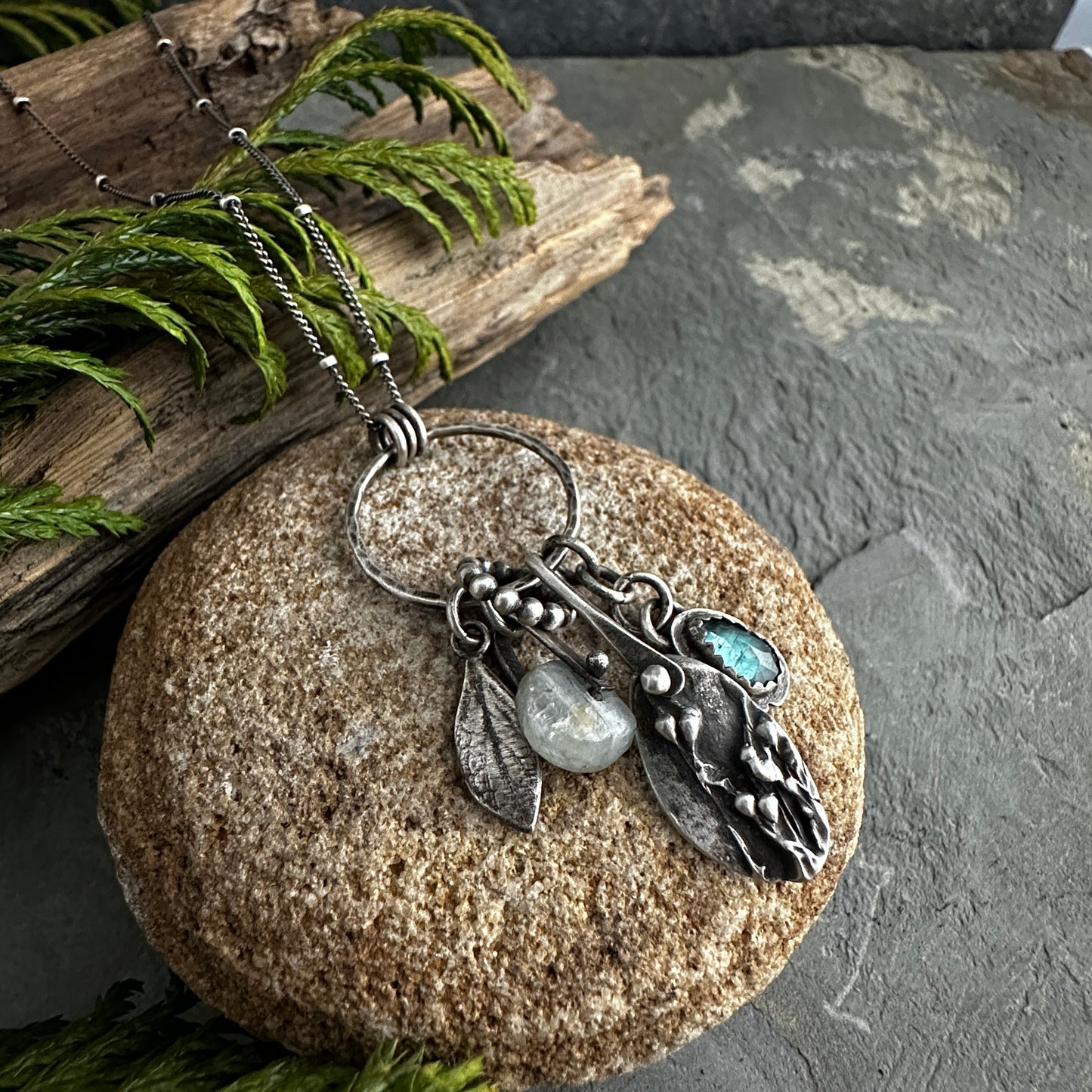 Moss Spores Charm Necklace with Kyanite