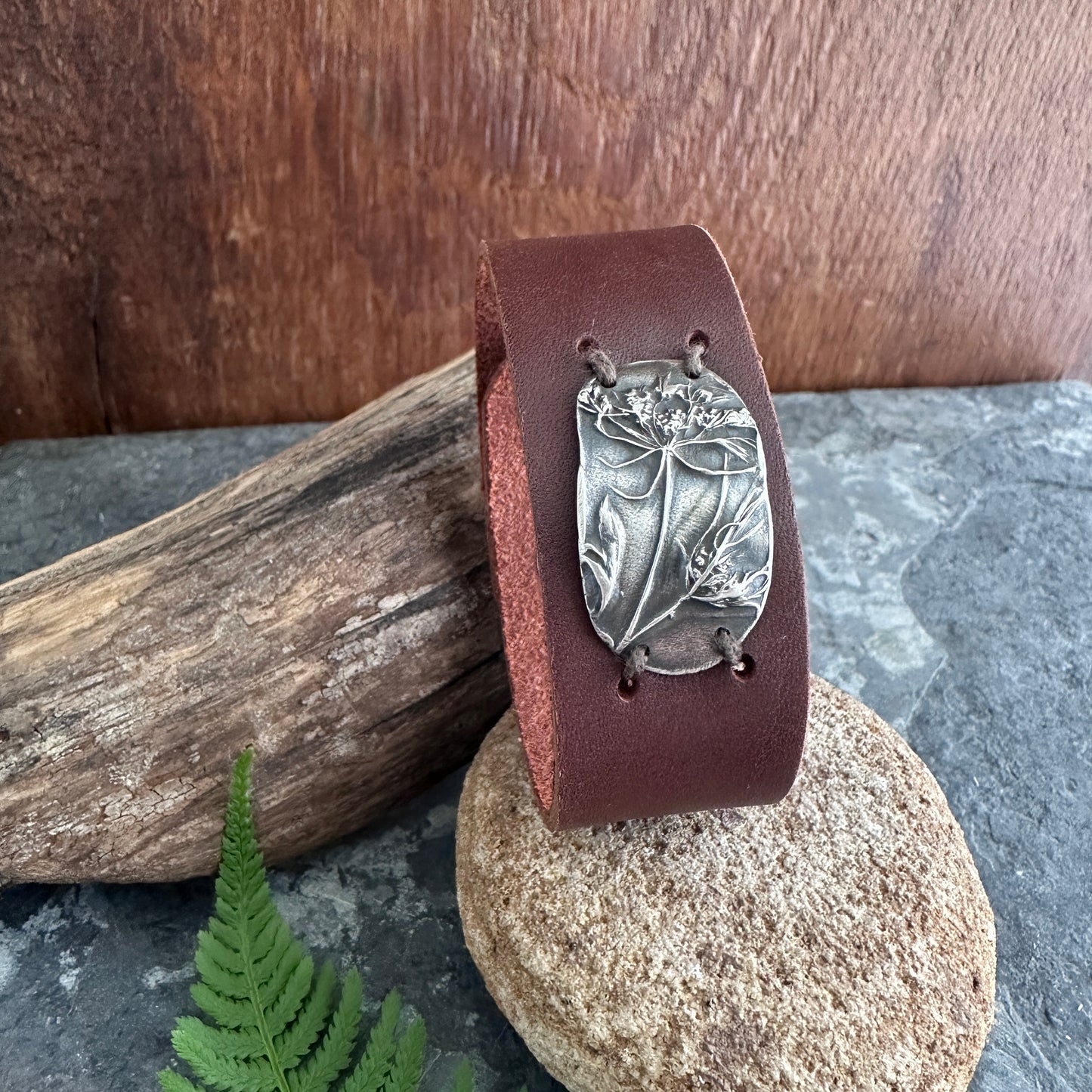 Queen Anne’s Lace Floral Leather Cuff Bracelet