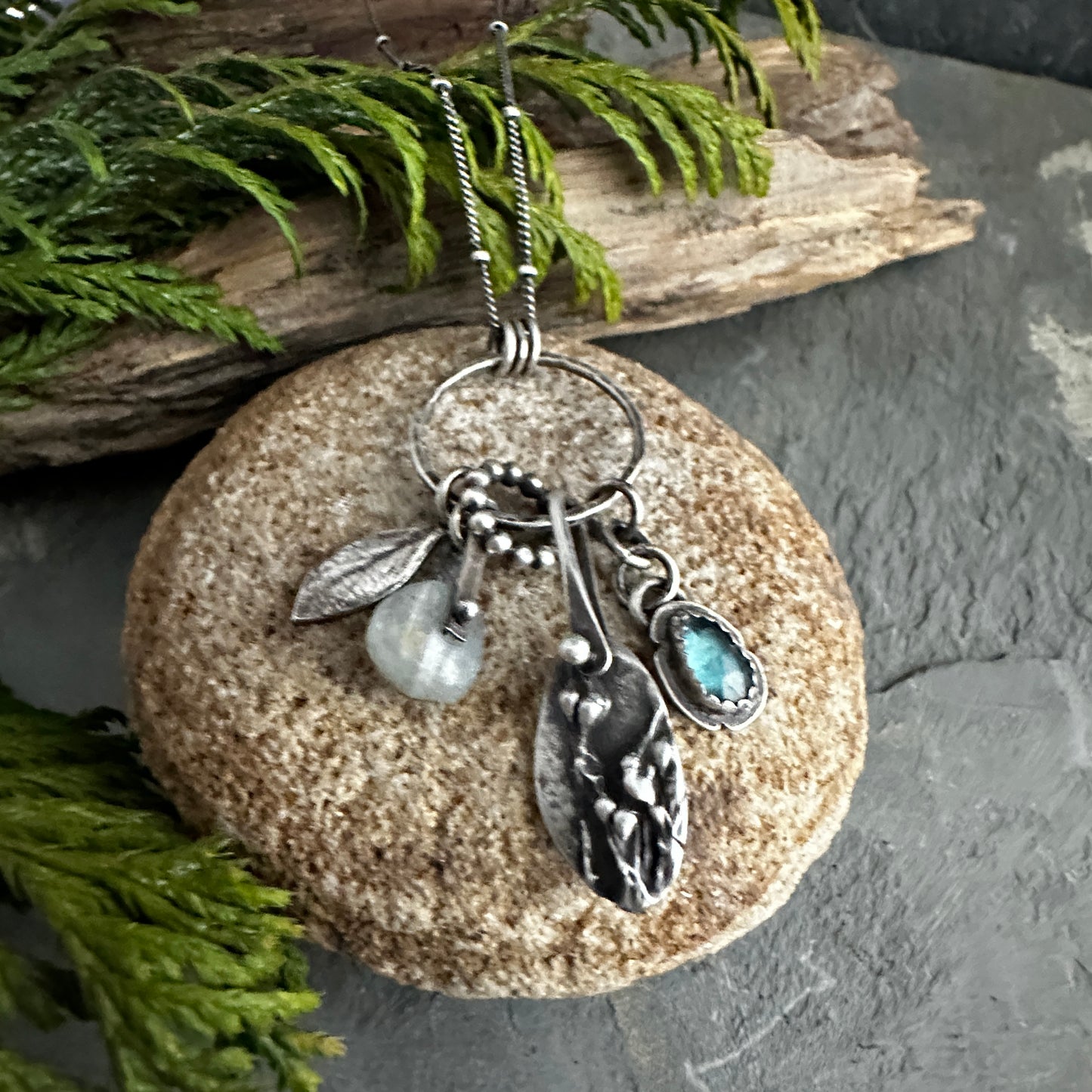 Moss Spores Charm Necklace with Kyanite