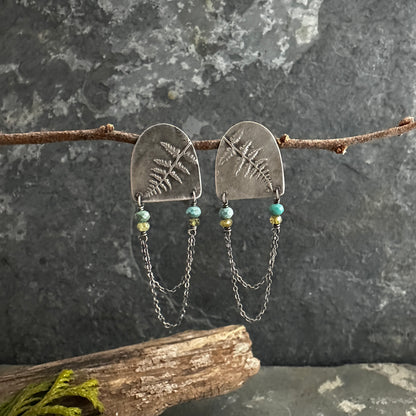 Sterling Silver Fern Shields with Turquoise, Vesuvianite, and Chain Post Earrings