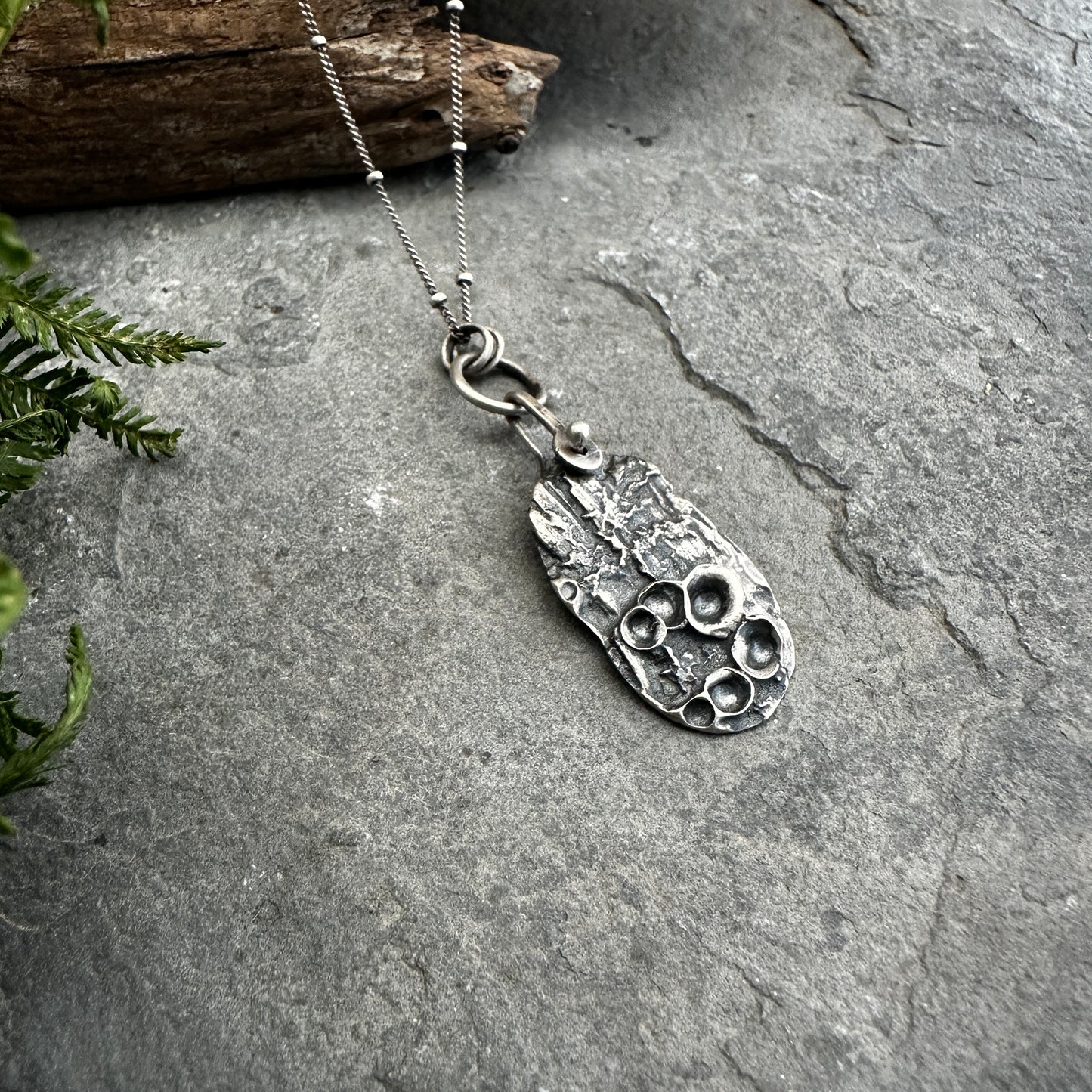 Sterling Silver Cup Lichen on Bark Necklace