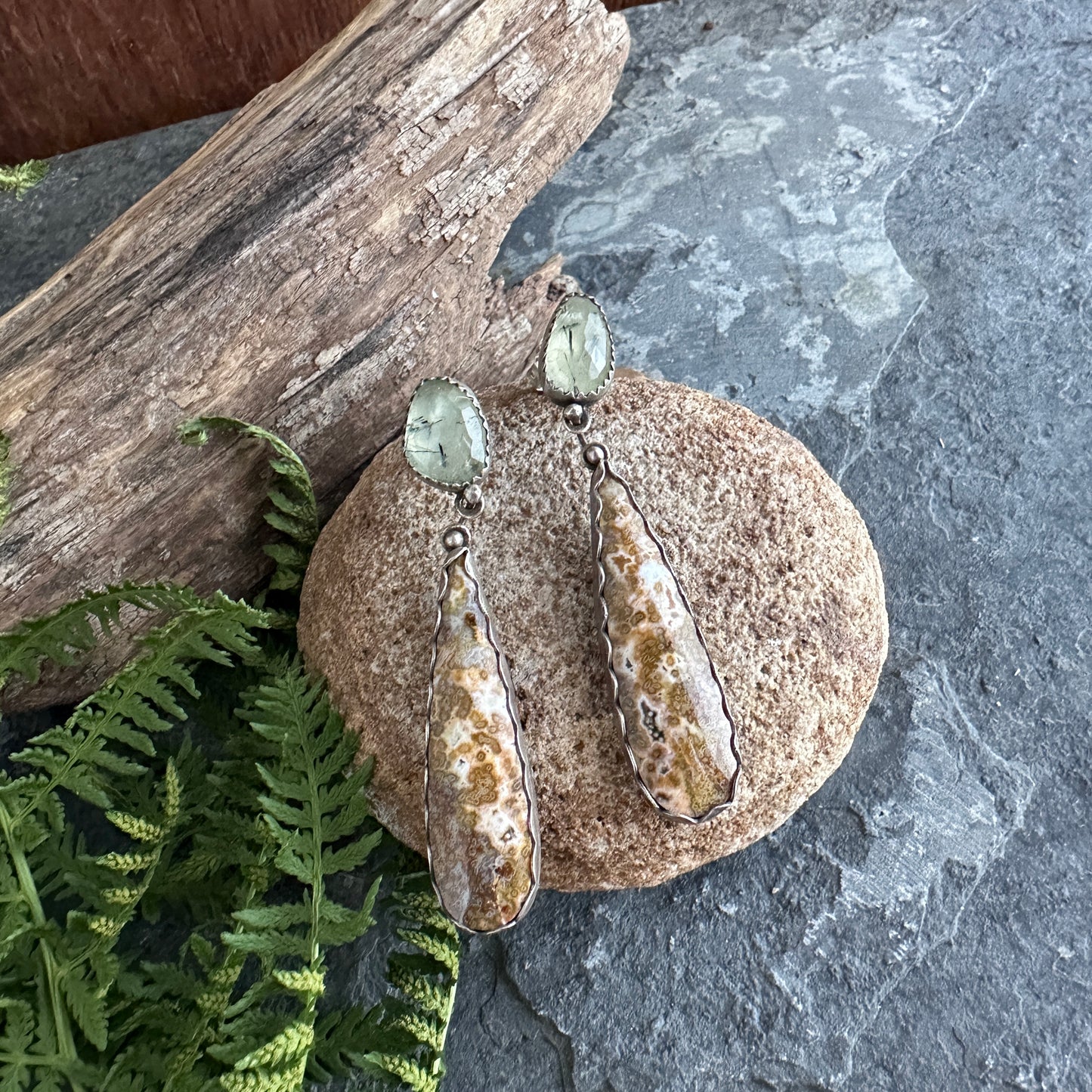 Prehnite & Ocean Jasper Earrings | Sterling Silver Statement Studs