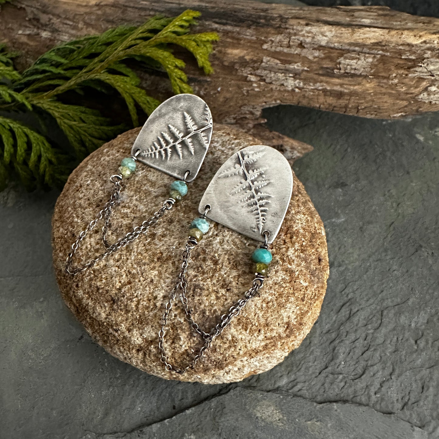 Sterling Silver Fern Shields with Turquoise, Vesuvianite, and Chain Post Earrings