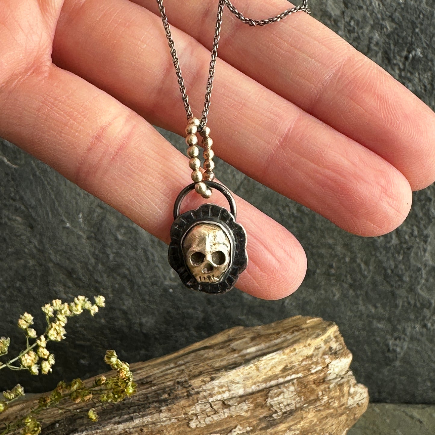 Memento Mori Bronze Skull and Blackened Sterling Silver