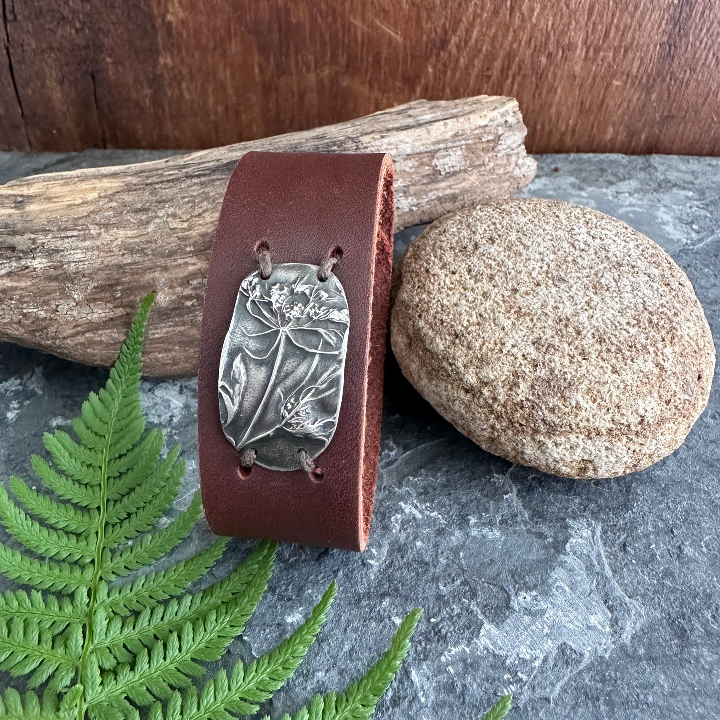 Queen Anne’s Lace Floral Leather Cuff Bracelet