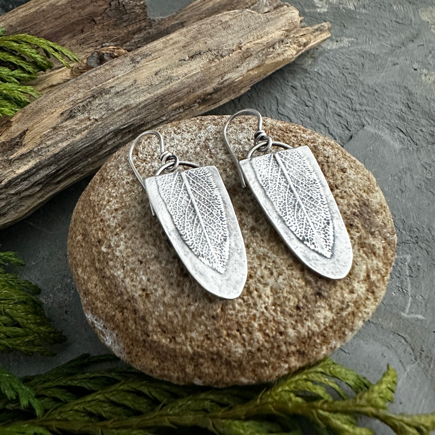 Sterling Silver Sage Leaf Shield Earrings