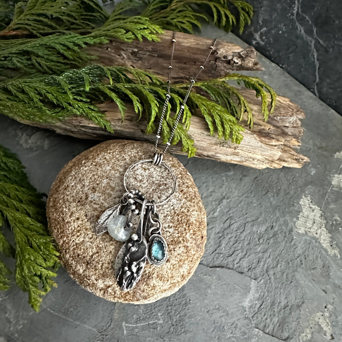 Moss Spores Charm Necklace with Kyanite