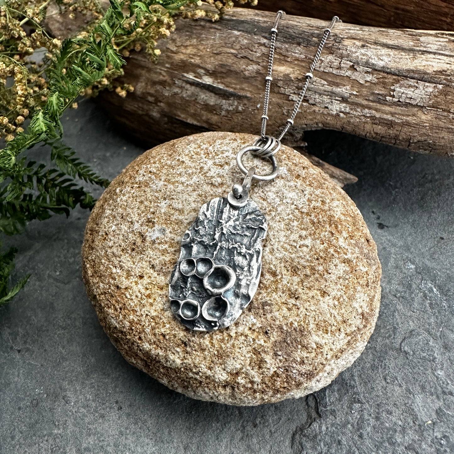 Sterling Silver Cup Lichen on Bark Necklace