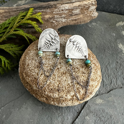 Sterling Silver Fern Shields with Turquoise, Vesuvianite, and Chain Post Earrings