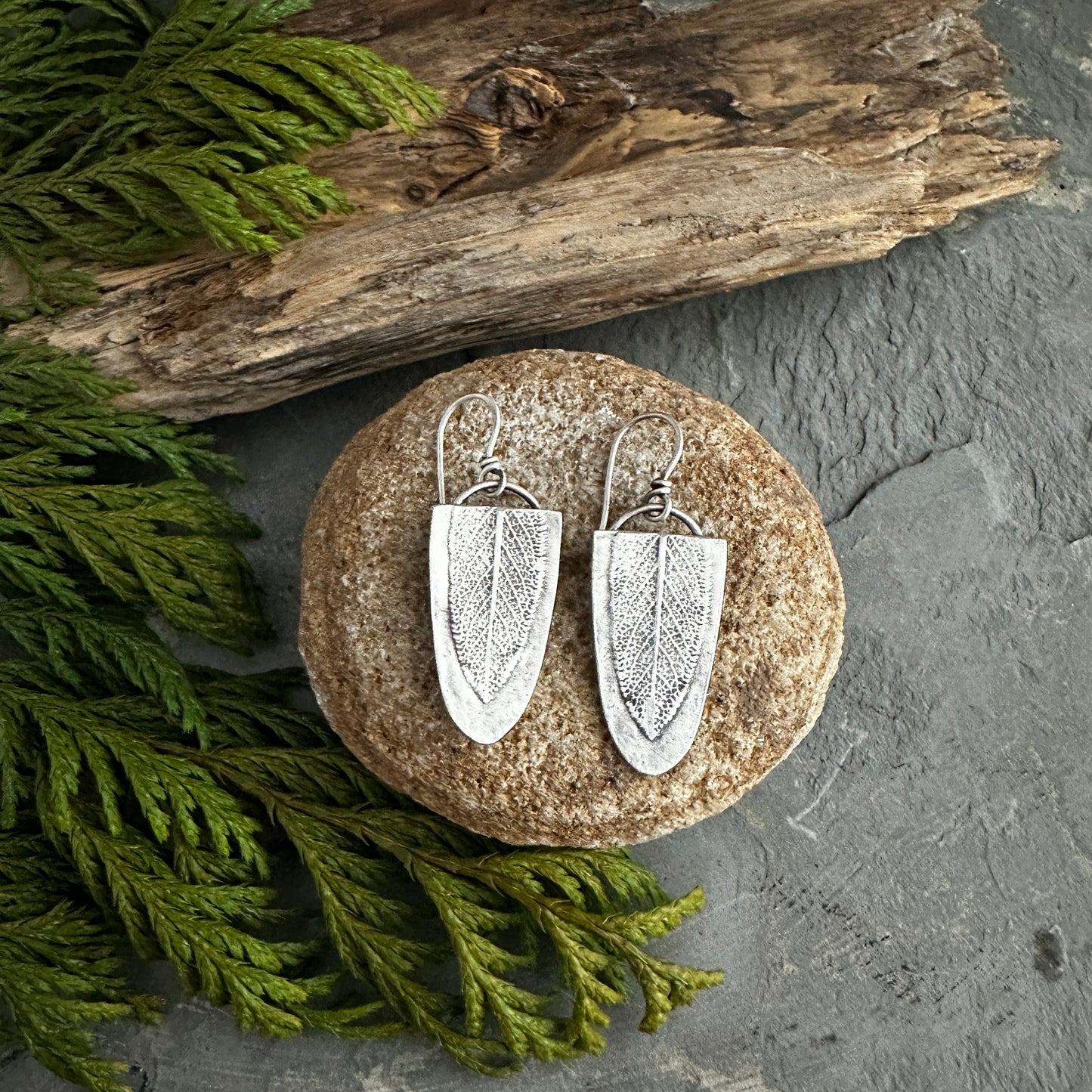 Sterling Silver Sage Leaf Shield Earrings