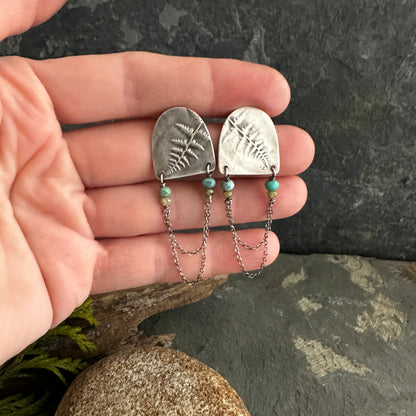 Sterling Silver Fern Shields with Turquoise, Vesuvianite, and Chain Post Earrings