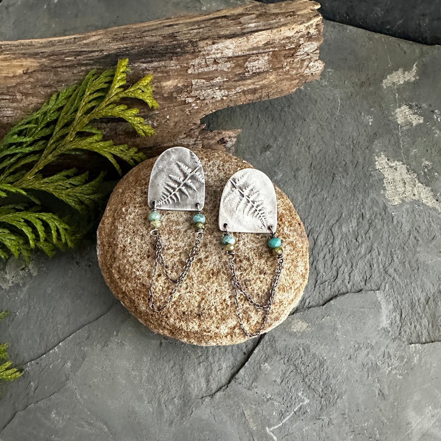 Sterling Silver Fern Shields with Turquoise, Vesuvianite, and Chain Post Earrings
