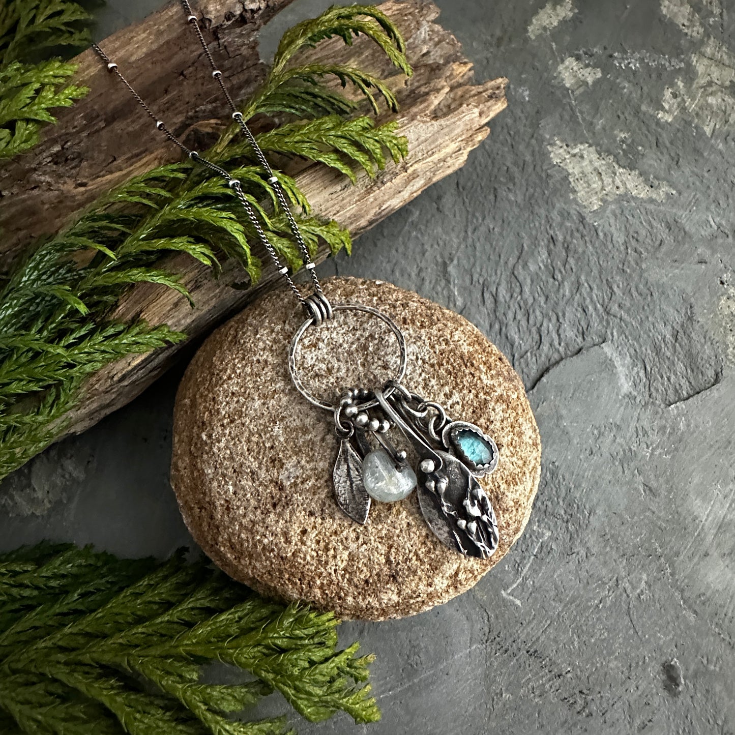 Moss Spores Charm Necklace with Kyanite