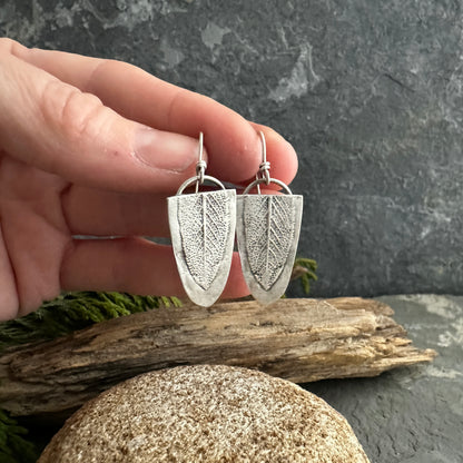 Sterling Silver Sage Leaf Shield Earrings