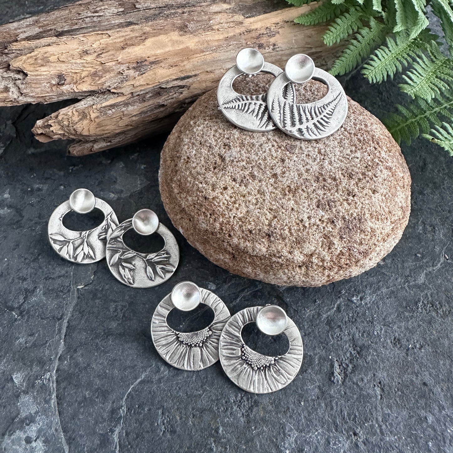 Large Botanical Ear Jacket Earrings with Cup Lichen Studs